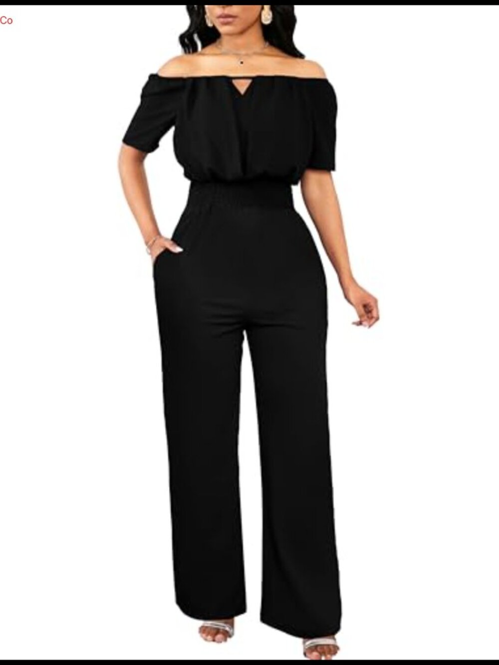 Off Shoulder Jumpsuit Women Dressy Long Straight Pants Ruffle Sleeve Zip Pockets